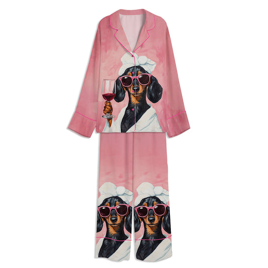 Dachshund Wine Bathroom Dog Art Unisex Long Sleeve Satin Pajama Set