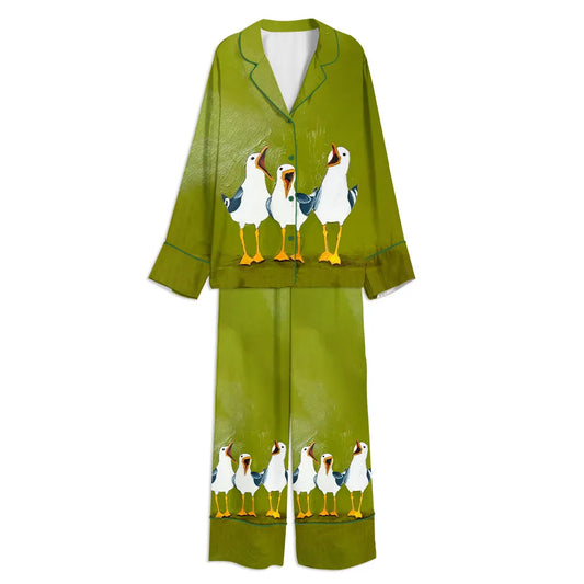 Tokyo-mood Seagulls Three Funny Birds Unisex Long Sleeve Silky Satin Pajama Set