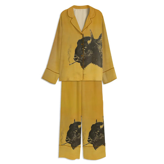 Vintage Bison Smoking A Cigarette Unisex Long Sleeve Satin Pajama Set