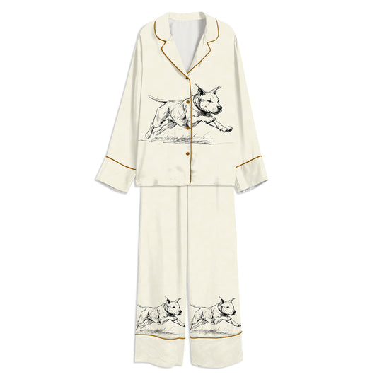 Tokyo-mood Pitbull With Zoomies Vintage Pittie Dog Mom Unisex Long Sleeve Silky Satin Pajama Set