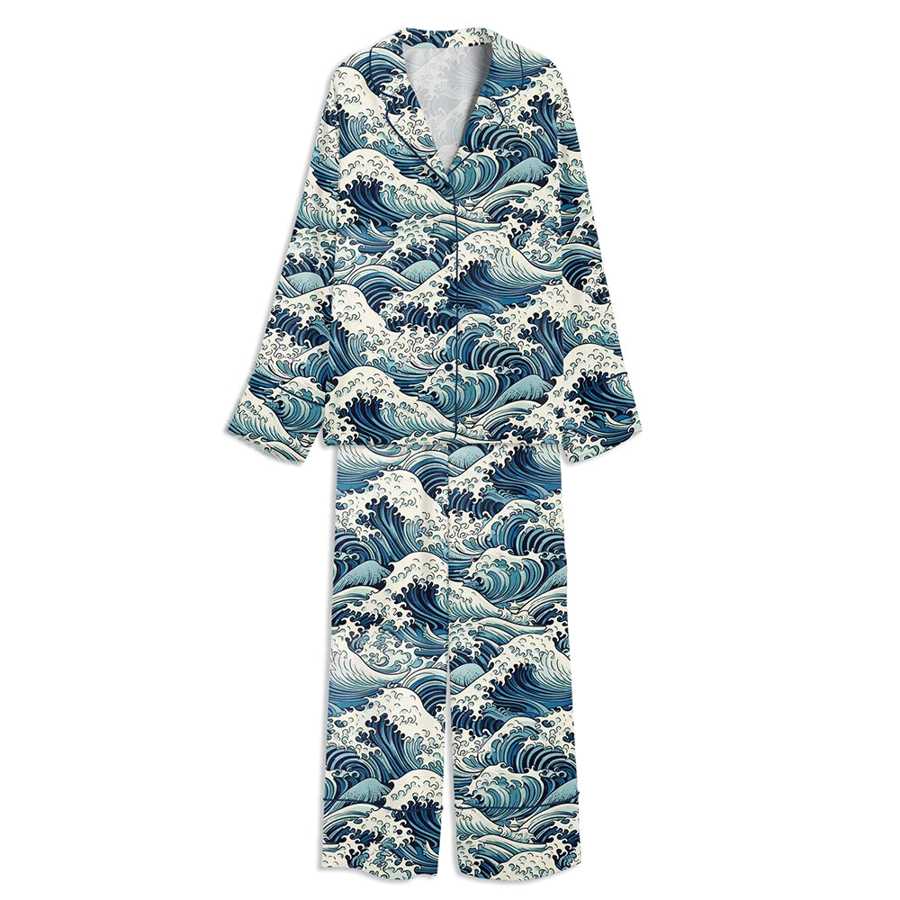Vintage Traditional Japanese Waves Unisex Long Sleeve Satin Pajama Set