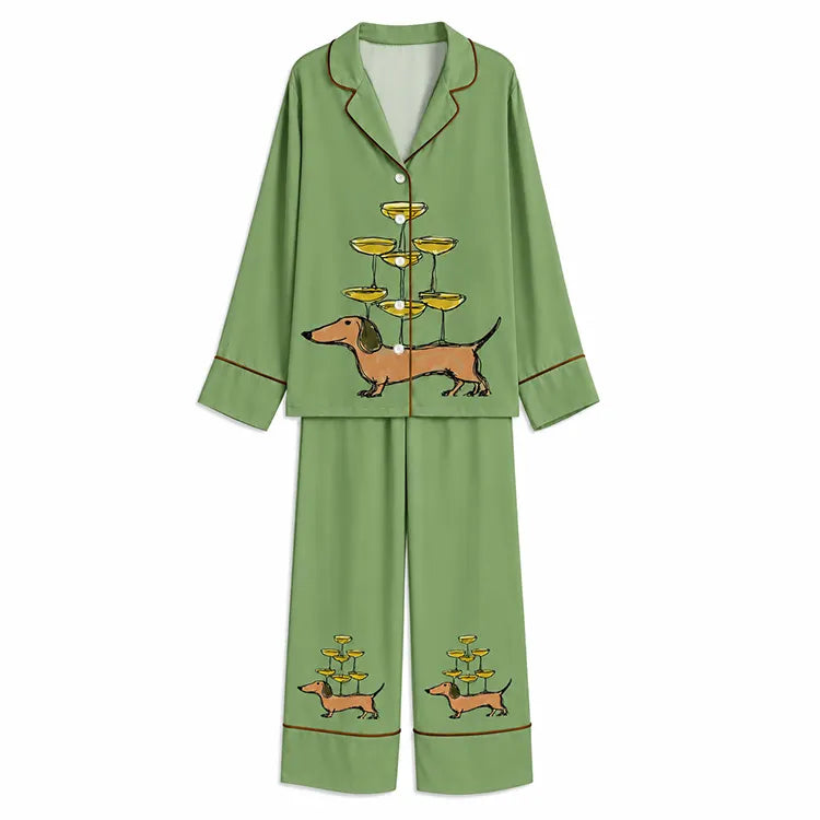 Tokyo-Mood Champagne Balancing Dachshund Sage Green Unisex Long Sleeve Silky Satin Pajama Set