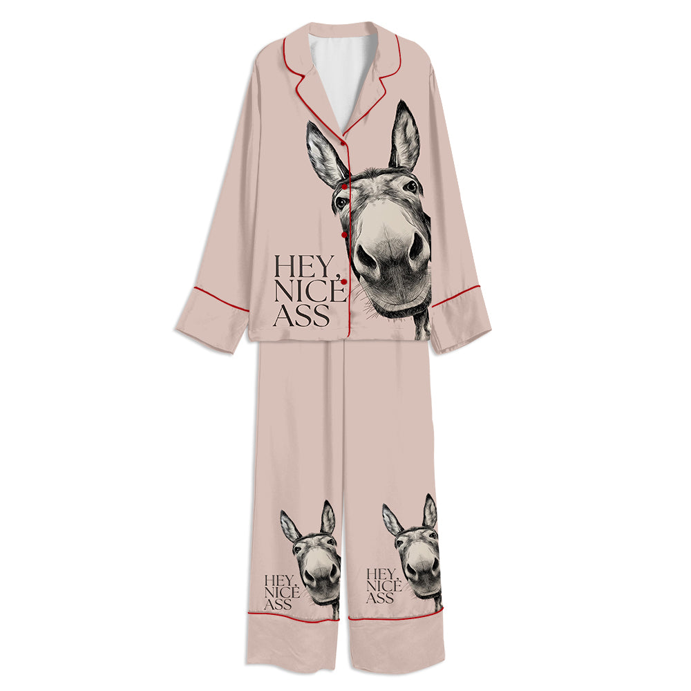 Tokyo-mood Hey Nice Ass Funny Donkey Unisex Long Sleeve Silky Satin Pajama Set