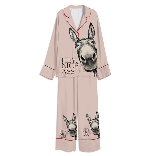 Tokyo-mood Hey Nice Ass Funny Donkey Unisex Long Sleeve Silky Satin Pajama Set
