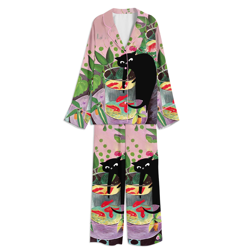 Matisse Goldfish With Black Cat Unisex Long Sleeve Satin Pajama Set