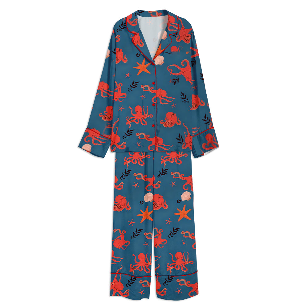 Octopus Ocean Unisex Long Sleeve Satin Pajama Set
