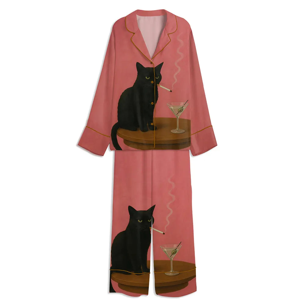 Moody Black Cat Smoking And Drinking Martini Unisex Long Sleeve Satin Pajama Set