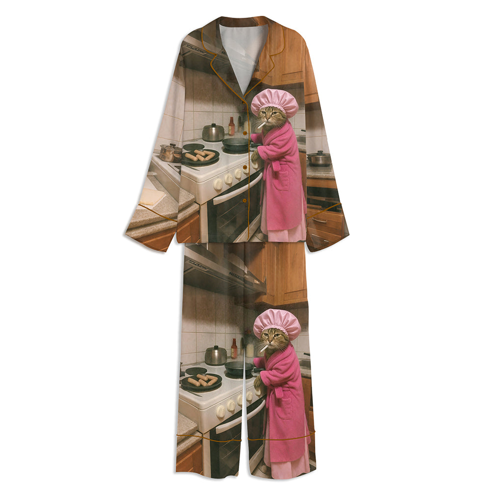 Funny Housewife Cat Unisex Long Sleeve Satin Pajama Set