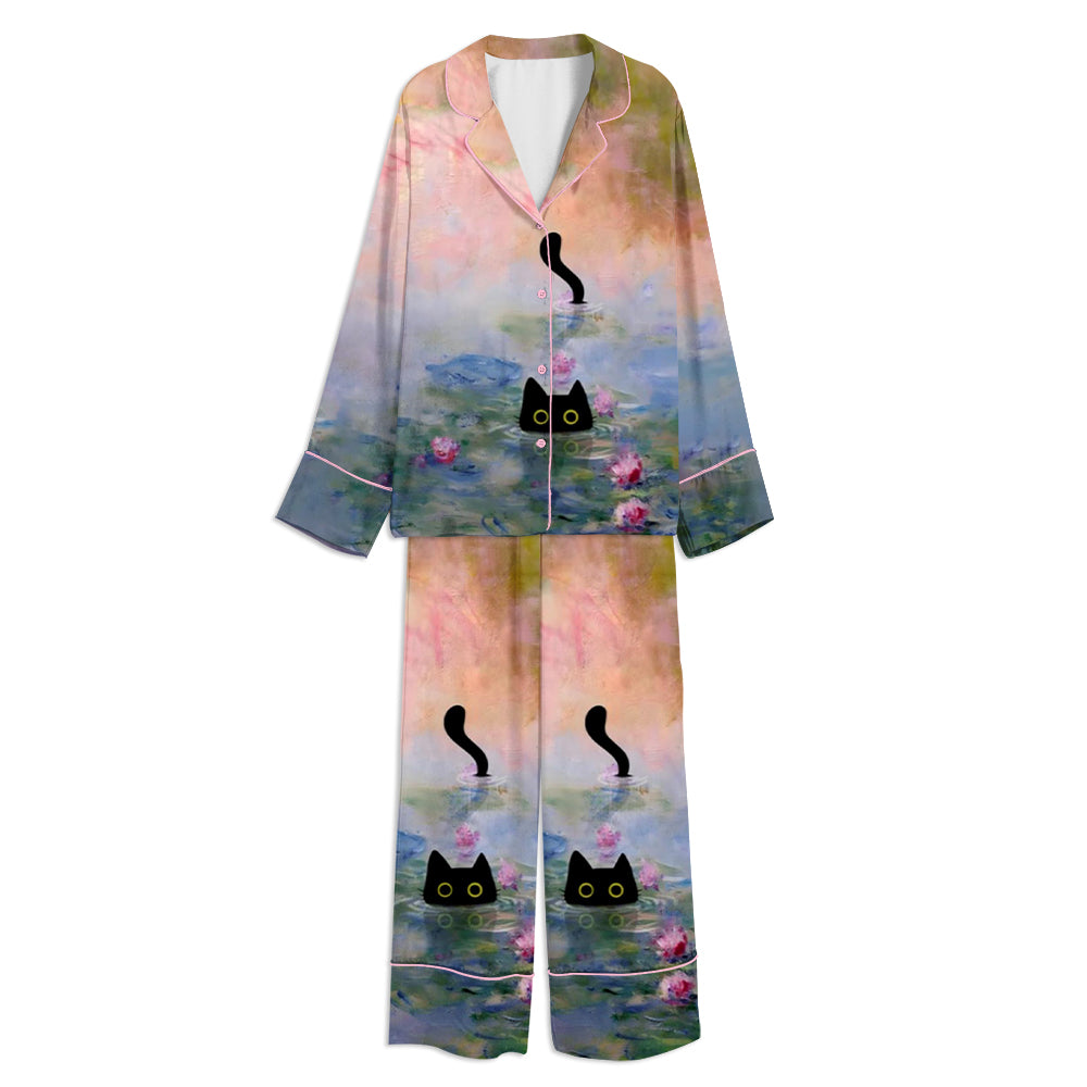 Monet Waterlily Cat Print Unisex Long Sleeve Satin Pajama Set pink