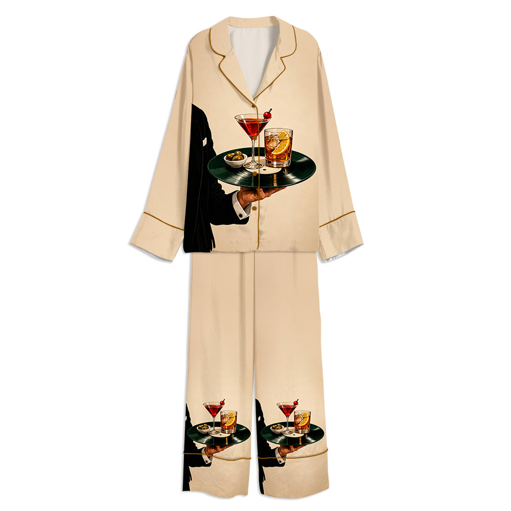 Tokyo-mood Cocktail Martini Old Fashioned Wine Unisex Long Sleeve Silky Satin Pajama Set