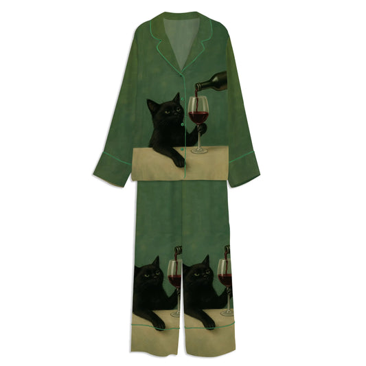 Black Cat With Wine Glass Unisex Long Sleeve Satin Pajama Set