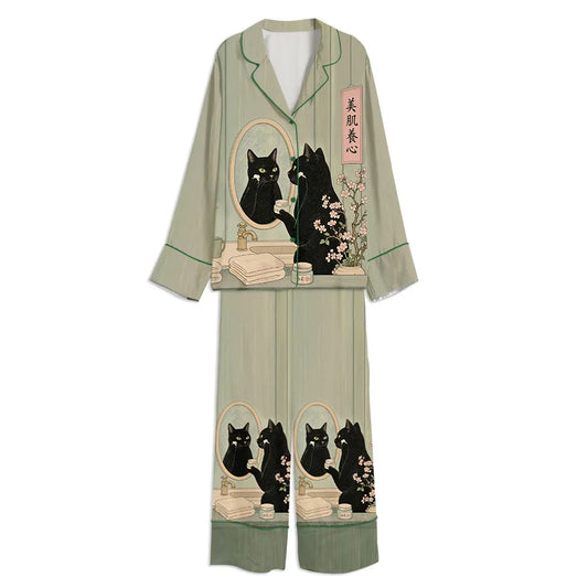 Tokyo-mood Skincare Cat Japanese Style Black Cat Art Unisex Long Sleeve Silky Satin Pajama Set