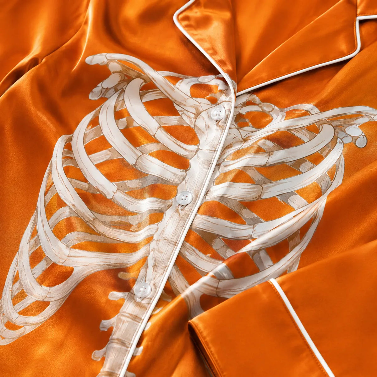 Tokyo-Mood Halloween Pumpkin Ribcage Orange Unisex Long Sleeve Silky Satin Pajama Set