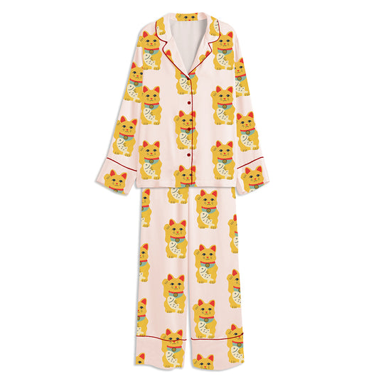 Lucky Cat Japanese Maneki Neko Art Unisex Long Sleeve Satin Pajama Set