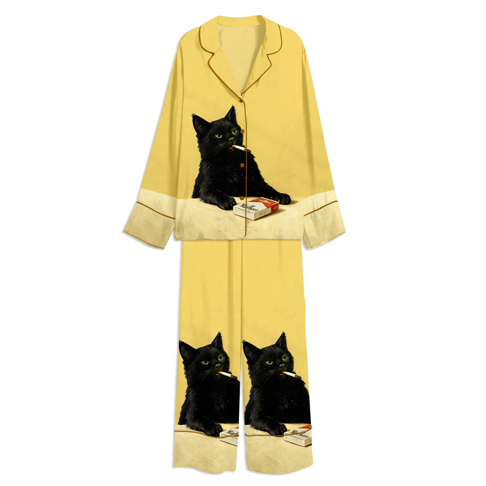 Tokyo-mood Vintage Smoking Cat Art Unisex Long Sleeve Silky Satin Pajama Set