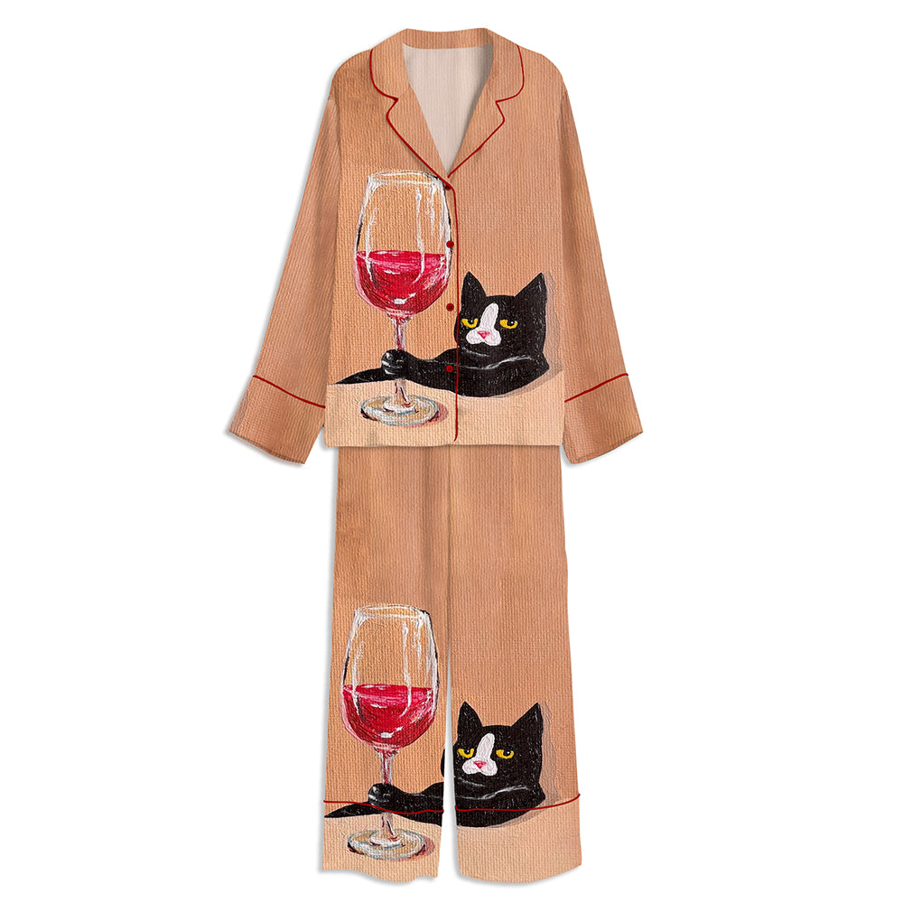 Tuxedo Cat With Wine Glass Unisex Long Sleeve Satin Pajama Set