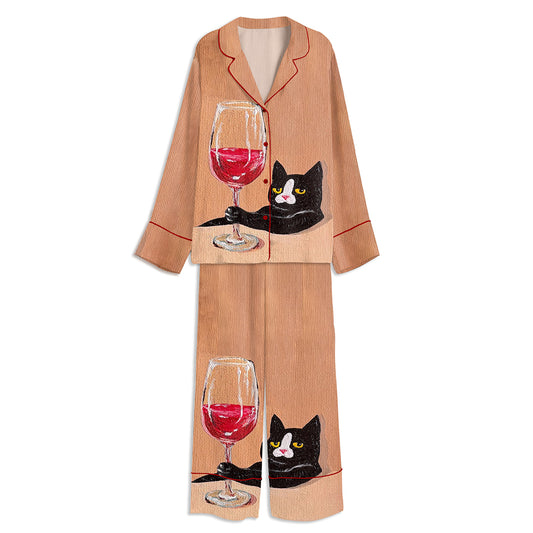 Tuxedo Cat With Wine Glass Unisex Long Sleeve Satin Pajama Set
