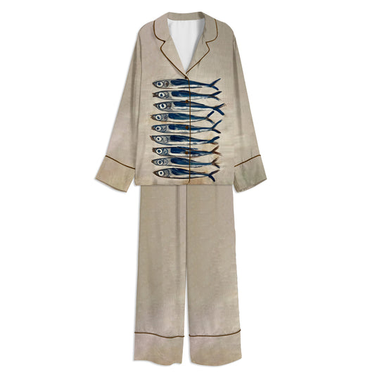 Sardine Antique Still Life Fish Unisex Long Sleeve Satin Pajama Set