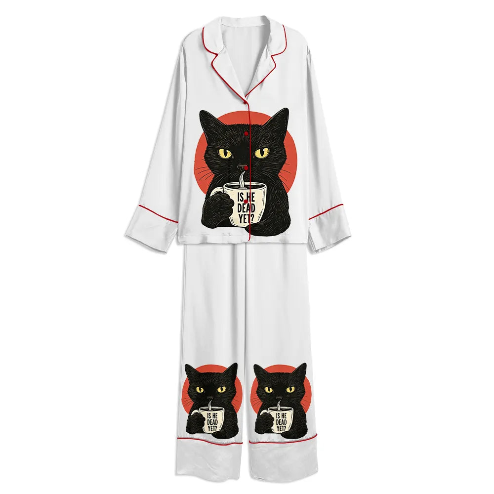 Tokyo-mood Is He Dead Yet Black Cat Resist And Persist Unisex Long Sleeve Silky Satin Pajama Set