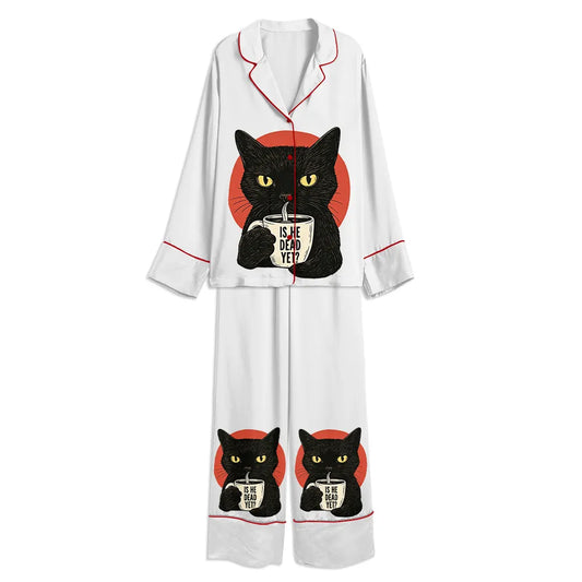 Tokyo-mood Is He Dead Yet Black Cat Resist And Persist Unisex Long Sleeve Silky Satin Pajama Set