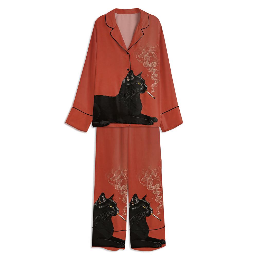 Black Cat Smoking Cigarette Unisex Long Sleeve Satin Pajama Set
