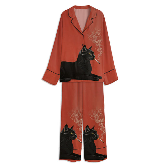 Black Cat Smoking Cigarette Unisex Long Sleeve Satin Pajama Set