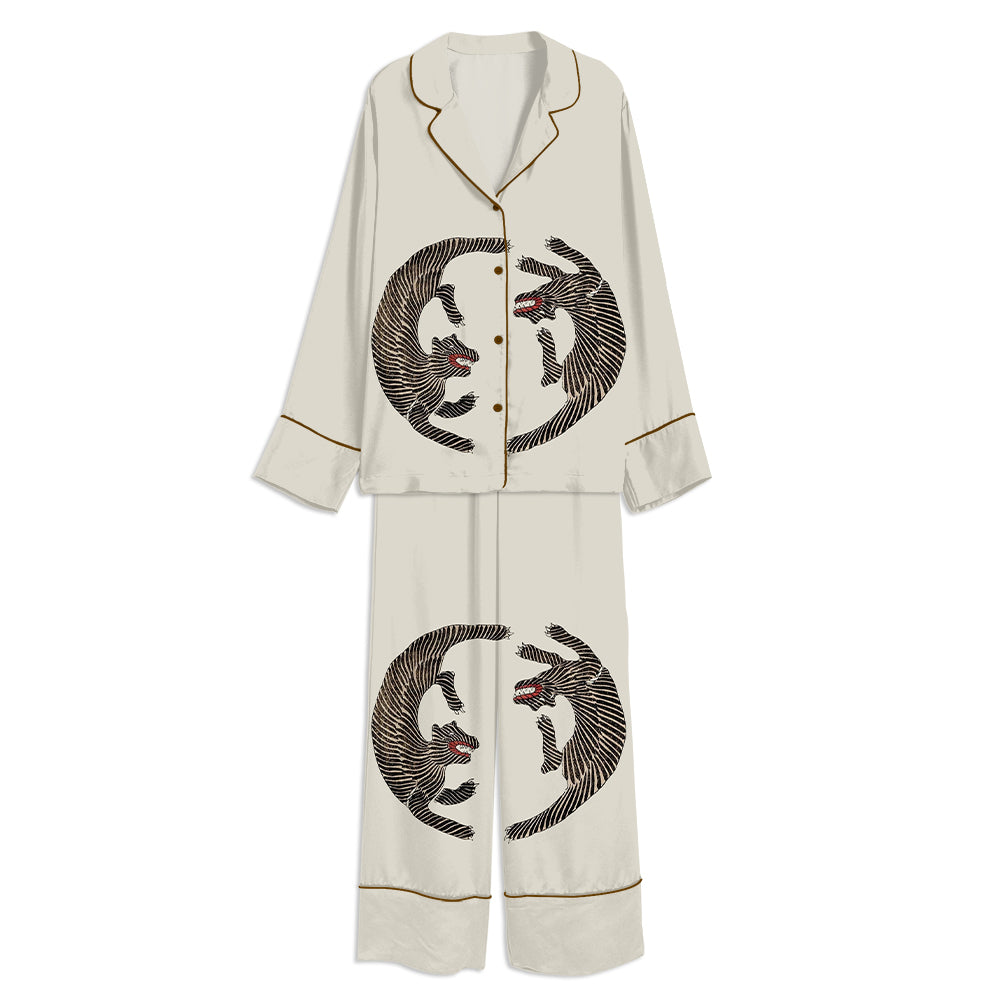 Japanese Tiger Art Prints Unisex Long Sleeve Satin Pajama Set