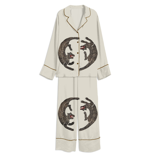Japanese Tiger Art Prints Unisex Long Sleeve Satin Pajama Set