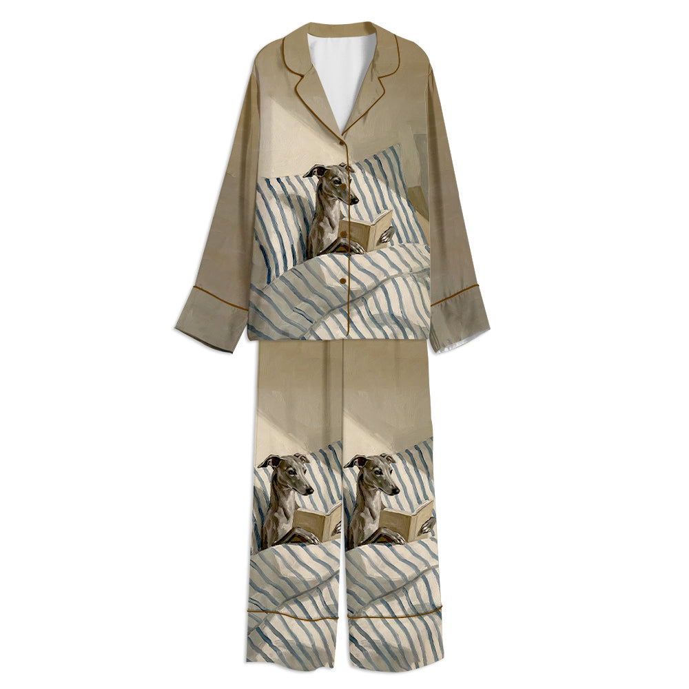 Tokyo-mood Greyhound Reading Unisex Long Sleeve Silky Satin Pajama Set