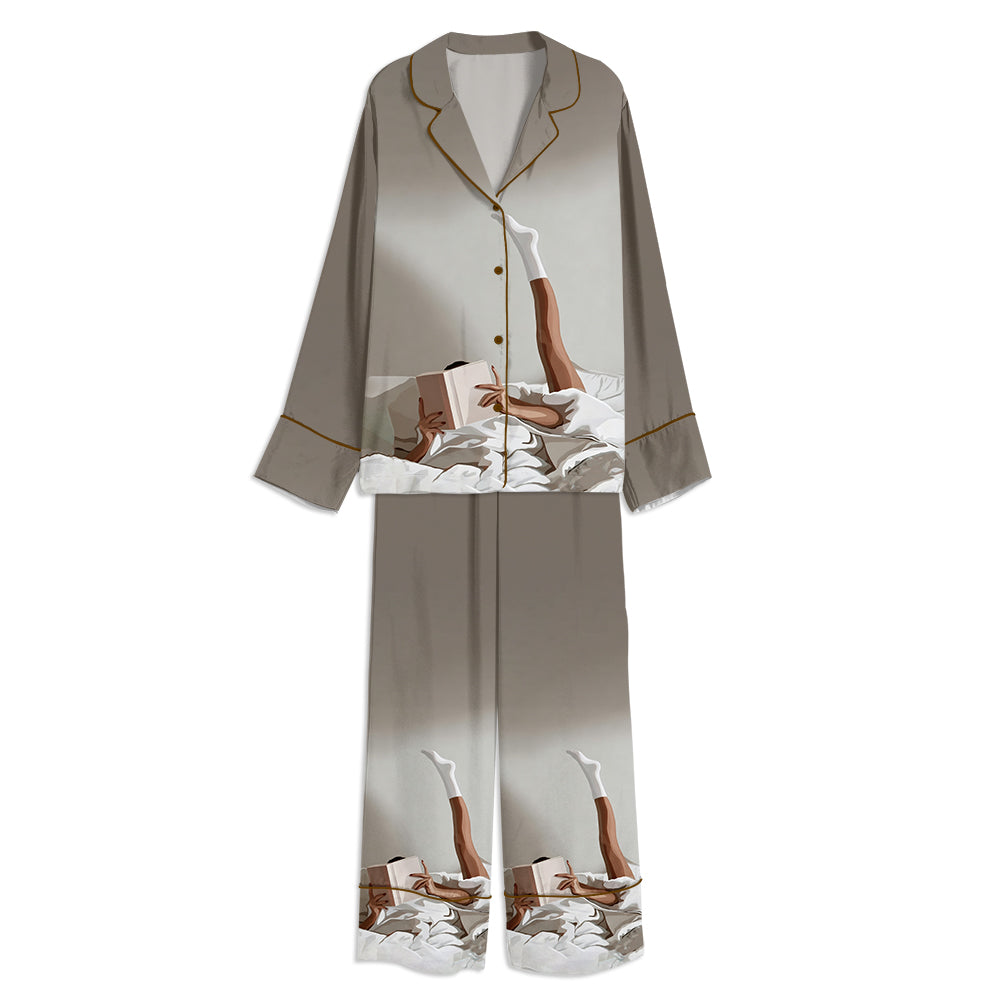 Tokyo-mood Lazy Morning Reading Cozy White Sheets Art Unisex Long Sleeve Silky Satin Pajama Set