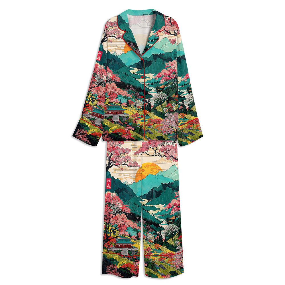 Mount Yoshino Valley Japanese Cartoon Style Ukiyo-e Print Unisex Long Sleeve Satin Pajama Set