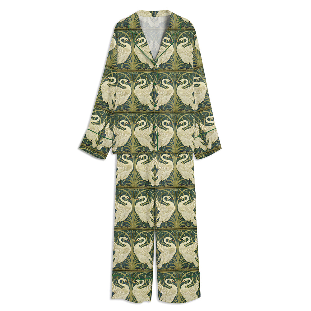 Japanese Nouveau Swans Art Unisex Long Sleeve Satin Pajama Set