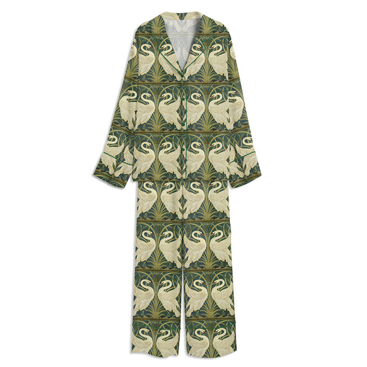 Japanese Nouveau Swans Art Unisex Long Sleeve Satin Pajama Set