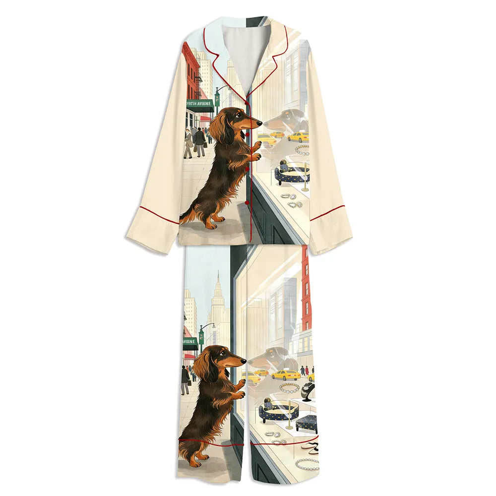 Dachshund 5th Avenue NYC Print Unisex Long Sleeve Satin Pajama Set
