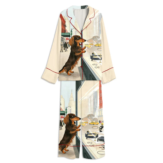 Dachshund 5th Avenue NYC Print Unisex Long Sleeve Satin Pajama Set