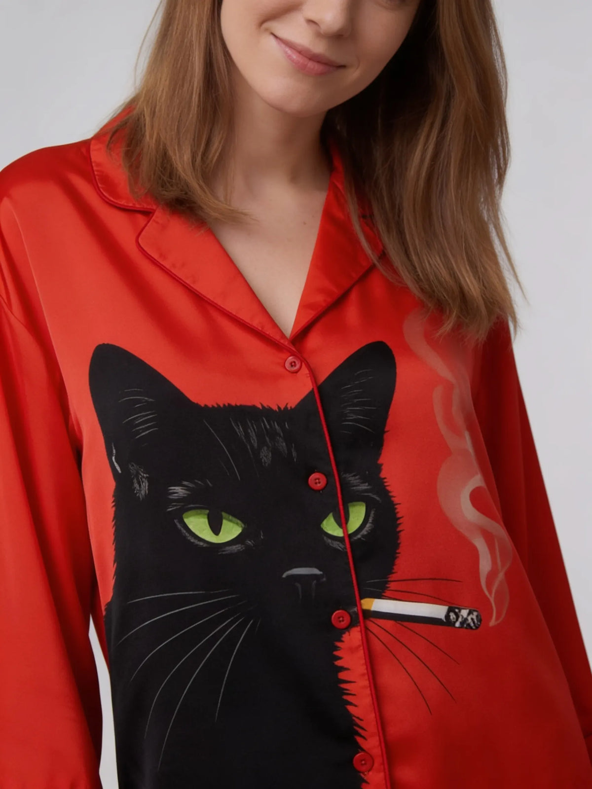 Vintage Black Cat Smoking Cat Art Unisex Long Sleeve Satin Pajama Set