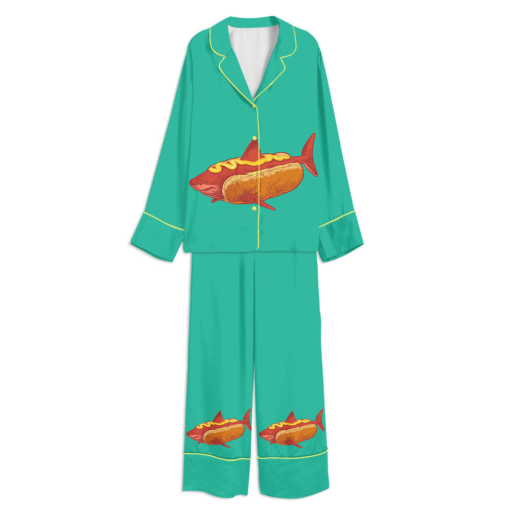 Tokyo-mood Shark Burger Hot Dog Unisex Long Sleeve Silky Satin Pajama Set