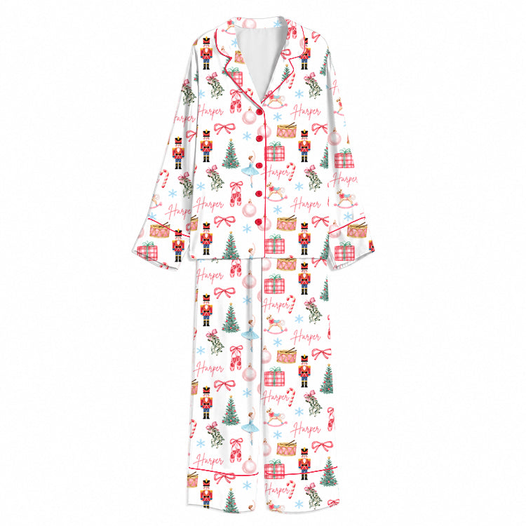 Tokyo-Mood Christmas Holiday Nutcracker Pattern White Unisex Long Sleeve Silky Satin Pajama Set