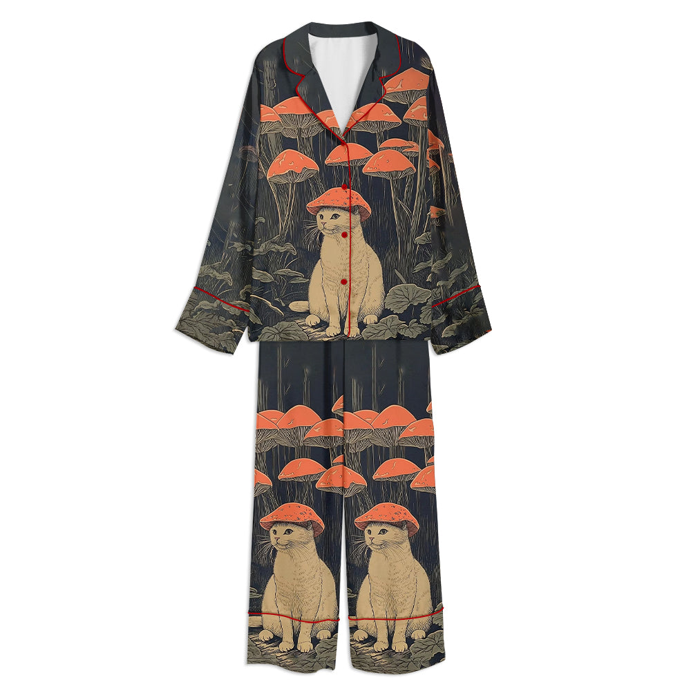 Cat With Mushroom Hat Unisex Long Sleeve Satin Pajama Set