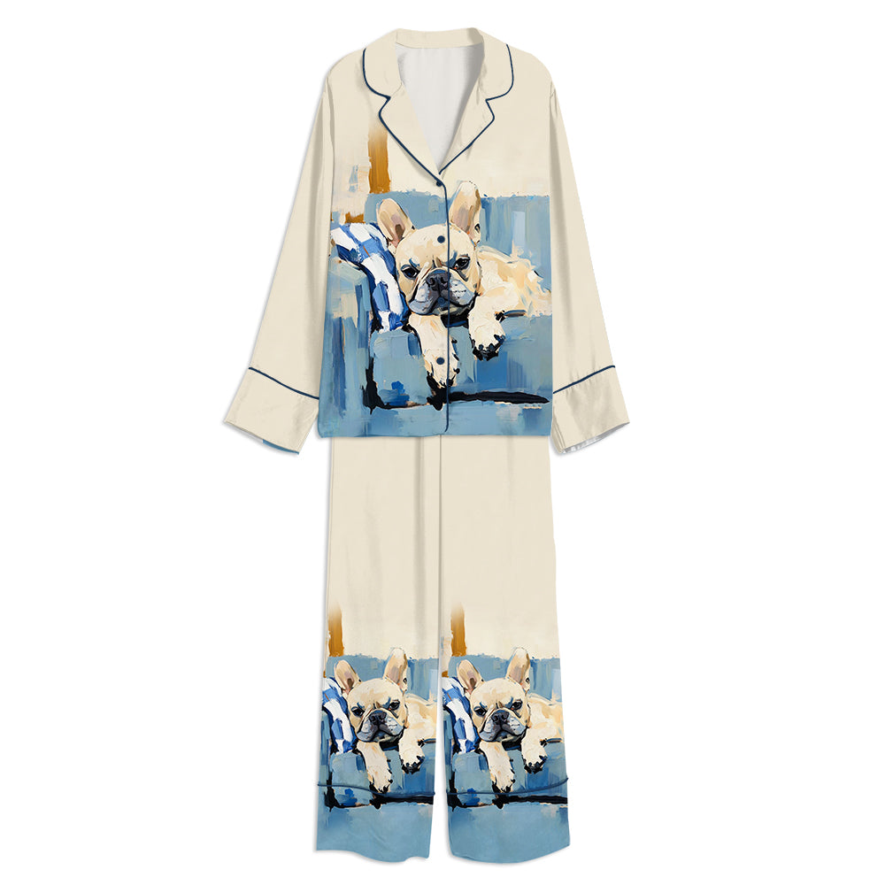 Tokyo-mood French Bulldog Oil Painting On Blue Sofa Unisex Long Sleeve Silky Satin Pajama Set