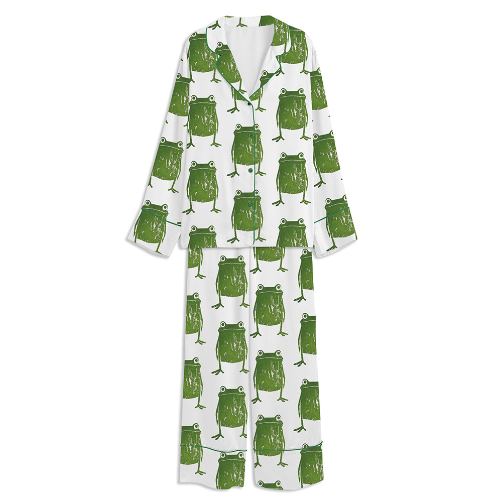 Retro Green Frog Unisex Long Sleeve Satin Pajama Set