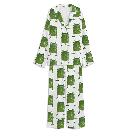 Retro Green Frog Unisex Long Sleeve Satin Pajama Set