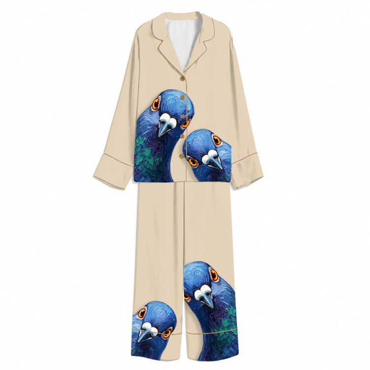 Tokyo-Mood Blue Guinea Fowl Portrait Cream Unisex Long Sleeve Silky Satin Pajama Set