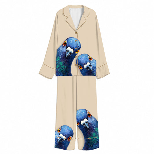 Tokyo-Mood Blue Guinea Fowl Portrait Cream Unisex Long Sleeve Silky Satin Pajama Set