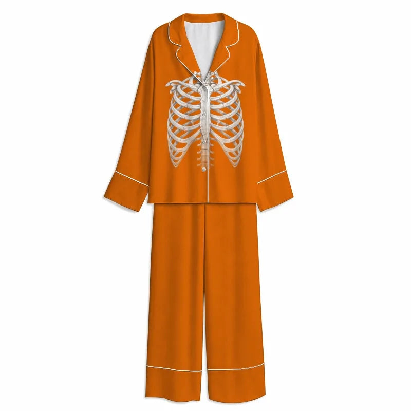 Tokyo-Mood Halloween Pumpkin Ribcage Orange Unisex Long Sleeve Silky Satin Pajama Set