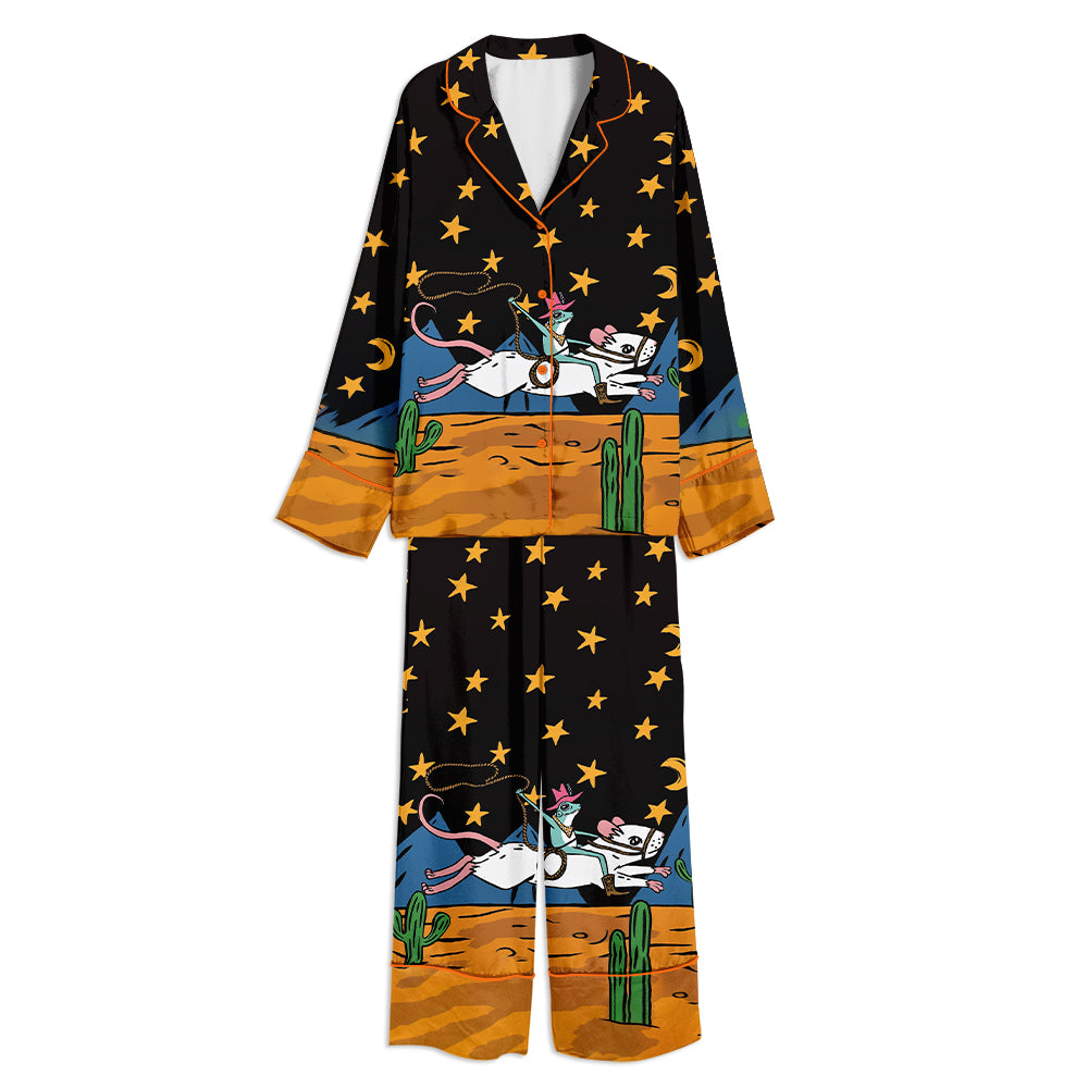Cowboy Frog Riding Mouse Print Unisex Long Sleeve Satin Pajama Set