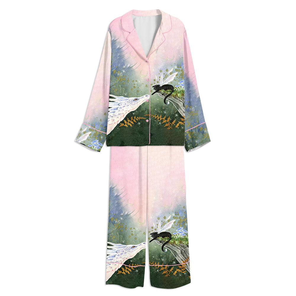Tokyo-mood Dragon & Winged Cat Unisex Long Sleeve Silky Satin Pajama Set