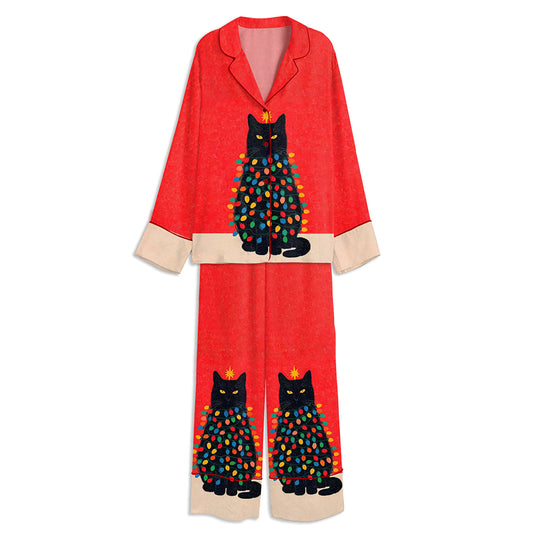 Christmas Black Cat With Lights Unisex Long Sleeve Satin Pajama Set