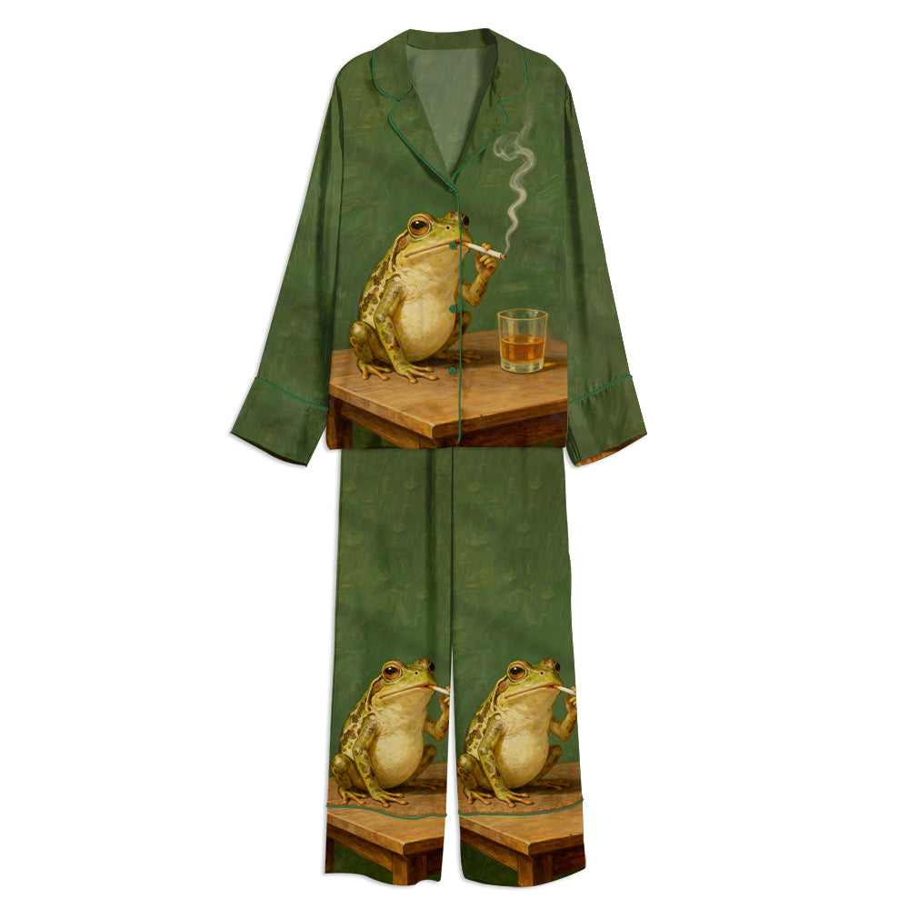 Moody Vintage Frog Smoking Frog Drinking Whiskey Unisex Long Sleeve Satin Pajama Set