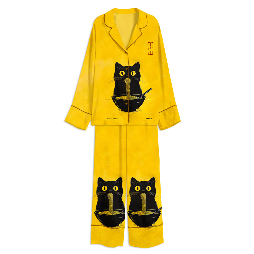 Japanese Kuro Neko Cat Japandi Ramen Cat Unisex Long Sleeve Satin Pajama Set